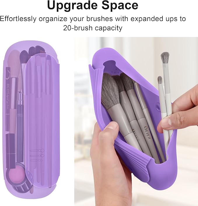 Silicone Travel Makeup Brush Holder for Women with Magnetic Closure and Built-in Brush Cleaner, Washable Cosmetic Organizer, Gift-Ready Pouch, Purple