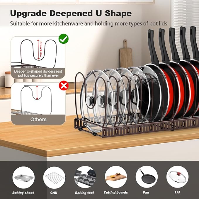 Housolution Pot and Pan Organizer Rack for Cabinet, Expandable Pot Lid Organizer with 14 Adjustable Dividers, Pan Holder Storage Rack for Kitchen Cabinet, Bronze