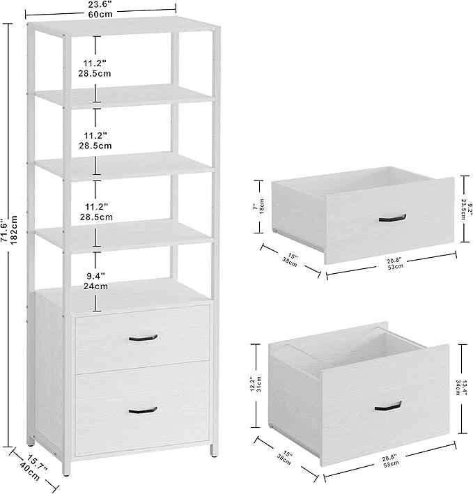IRONCK Industrial Bookcase with File Cabinet Drawers, 71.6 in Tall Bookshelf 5 Tier, Freestanding Storage Home Office Cabinet Organizer, Rustic Home Decor, White