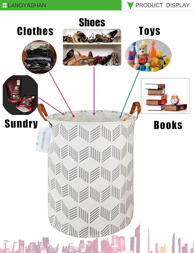 LANGYASHAN Laundry Basket Canvas Fabric Collapsible Organizer Basket for Storage Bin Toy Bins Gift Baskets Bedroom Clothes Children Nursery Hamper (Gery wave)