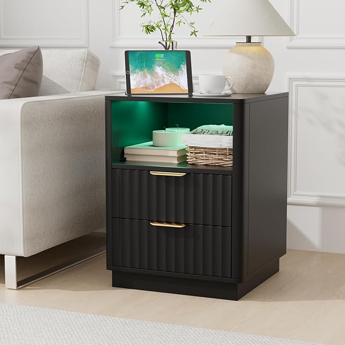 VOWNER Fluted Nightstand with Charging Station, 18” RGB Night Stand with 2 Drawers, End Table with Storage Shelf, Curved Profile Design Side Table, Bedside Table for Bedroom Living Room, Black