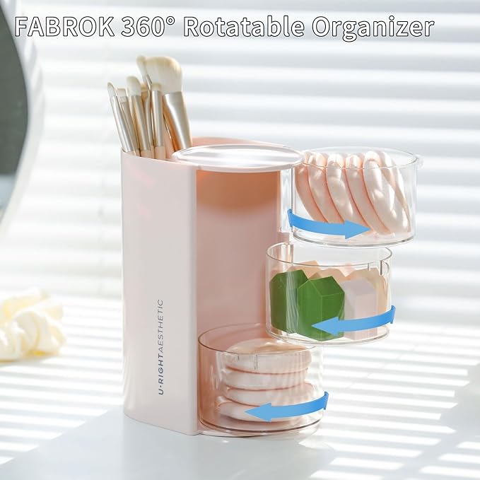 FABROK 3-Layer Clear Hair Accessories Organizer with Hair Brushes Holder, Rotatable Small Jewelry Box for Hair Clip Earring Necklaces, Desktop Organizer Case for Cotton Swab, Hair Accessories(Pink)