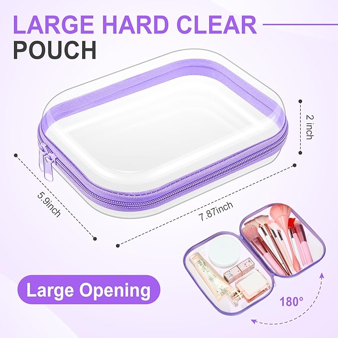Sanwuta 6 Pcs Clear Hard Zipper Case Hard Plastic Zipper Pouches Transparent Makeup Bag Pencil Pouches for Travel Snacks Christmas Trinket Storage Organizer Box(Purple,7.87 x 5.9 x 2 Inch)