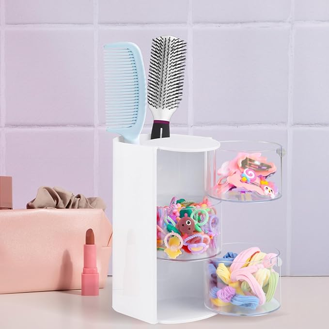Hair Accessories Organizer with Hair Brush Holder, Rotatable Makeup Brush and Jewelry Storage Box for Hair Clips, Earrings, Necklaces, Bracelets, Rings, and Daily Accessories (White, 3-Layer)