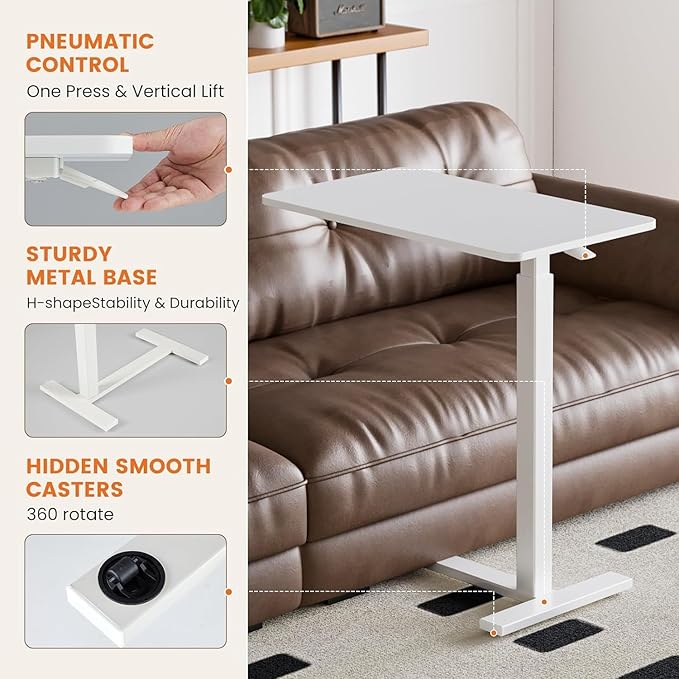 Sweetcrispy Overbed Bedside Table with Wheels, Adjustable Hospital & Home Use Bed Table, Rolling Laptop Table, Mobile Standing Desk, White