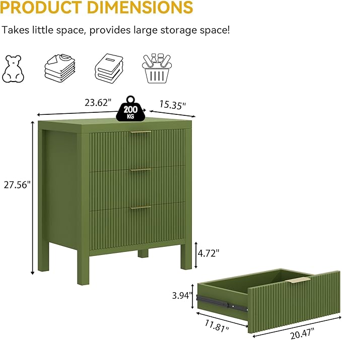 3 Drawer Dresser, Modern Wood Storage Chest of Drawers Organizer with Waveform Panel, Fluted Dresser with Wide Drawers and Golden Handles for Bedroom, Hallway, Entryway, Green