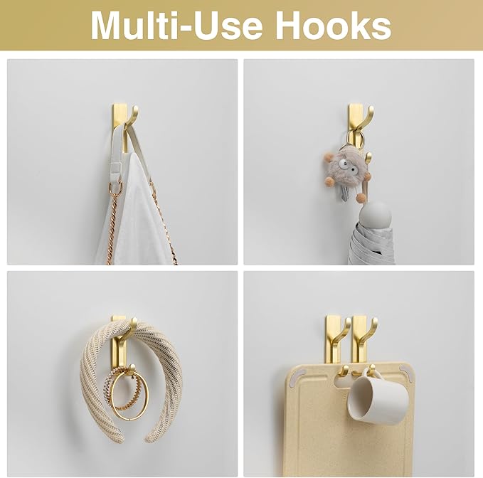 Gold Adhesive Wall Hooks for Hanging - Heavy Duty 13 lb Sticky Towel Hook for Bathroom, Door, Closet, Dorm, RV, Kitchen, Hanger for Coats, Bags, Keys, Purse, Clothes - Stainless Steel, 4 Pack