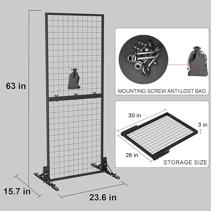 Grid Wall Display Panel Heavy-Duty Foldable, 2ft x 6ft Black Wire Wall Grid 1-Pack with 10 Hooks, Spring-Loaded Pins( Flat Base) for Retail Display Racks,Vendor Booth Display Stand, Trade Exhibits