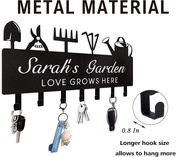 Personalized Key Holder for Wall, Custom Name Wall Mounted Black Key Hanger with Horticultural Garden Design, Key Racks Organizer for Hallway Entryway Front Door Storeroom Decor