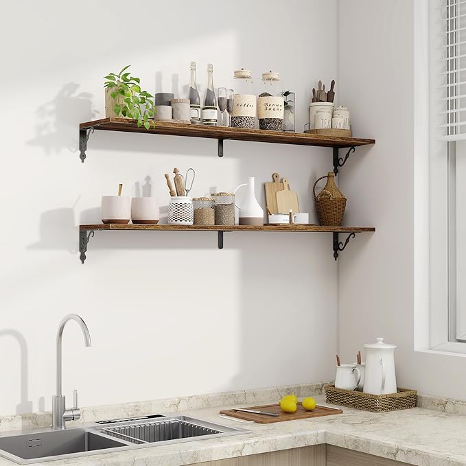 Fun Memories Large Floating Shelves for Wall 48 Inches Long, 8 Inch Deep Shelves with Metal Bracket, 48 Inch Floating Shelves Wall-Mounted, Wide Display & Storage Bookshelves, Rustic Brown, Set of 2