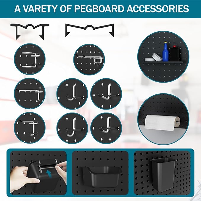 Metal Peg Board Kit with 1/4" Pegboard Accessories, 6 Pack 12"X24" Pegboard and 264PCS Extra Thick Pegboard Accessories,Wall Organizer Peg Board Panels Tool Organizer Storage System (Black)