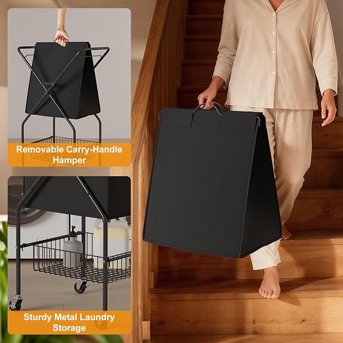 Laundry Basket with Wheels:88L Rolling Laundry Cart Foldable Metal Frame Dirty Clothes Laundry Hamper 36"H 4 Caster 2 Brake Waterproof Removable Liner Carry Handle for Dorm Laundry Room,Black
