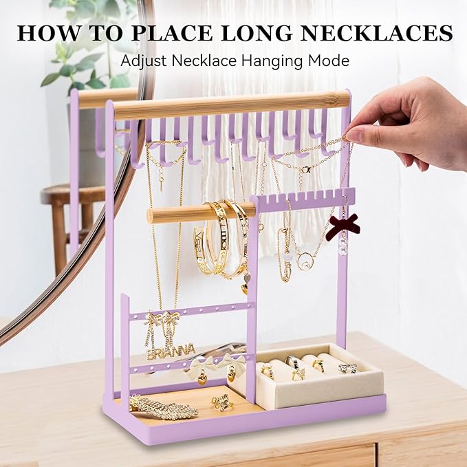 DreamGenius Jewelry Organizer Stand with Velvet Ring Holder, 4 Tier Jewelry Holder Organizer with 15 Hooks for Necklaces and 16 Holes for Earrings, Purple