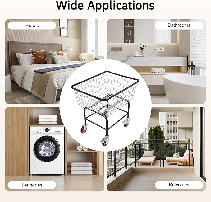 Steel Wire Laundry Cart, Wire Laundry Basket Cart with 4" Casters, Heavy Duty Commercial Rolling Laundry Basket for Clothes Storage, 26.77"D x 21.5"W x 26"H