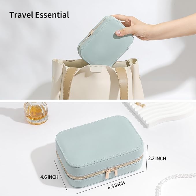 Genuine Leather Travel Jewelry Organizer Case with Mirror for Women, Small Mini Portable Jewelry Box for Ring Earrings Necklace Bracelet Luxury Gift for Women（Pink）