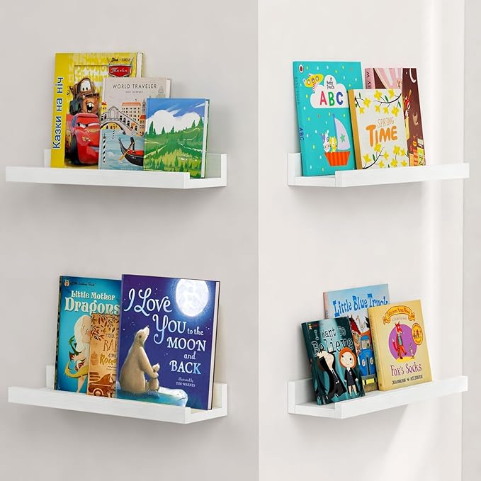 Forbena White Picture Ledge Shelf, Floating Shelves with Lip for Bedroom Books, Corner Nursery Book Shelves Wall Mounted for Small Spaces Office Baby Child Kids Room Art Decor (4-Pack, Real Wood)
