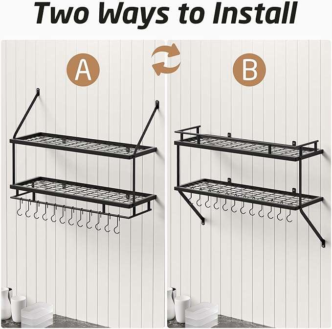 KES 30-Inch Kitchen Pot Rack - Mounted Hanging Rack for Kitchen Storage and Organization - Matte Black 2-Tier Wall Shelf with Guard Rail for Pots and Pans Organizer with 12 Hooks - KUR215S75B-BK