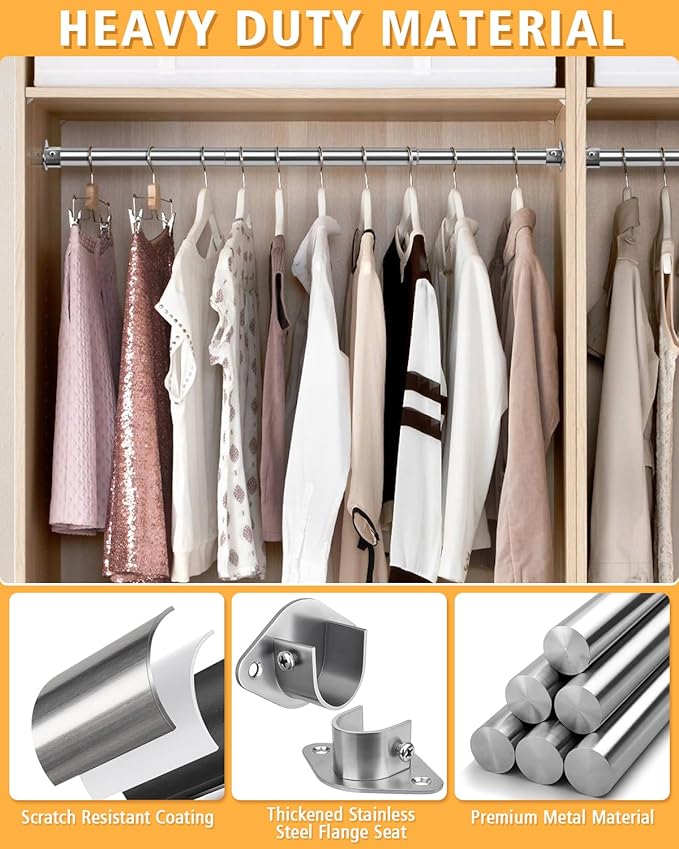 Closet Rod, 17 to 52 Inch Heavy Duty Adjustable Metal Clothing Rack for Hanging Clothes, Closet Poles for Wardrobes, Laundry, Durable Steel, Silver