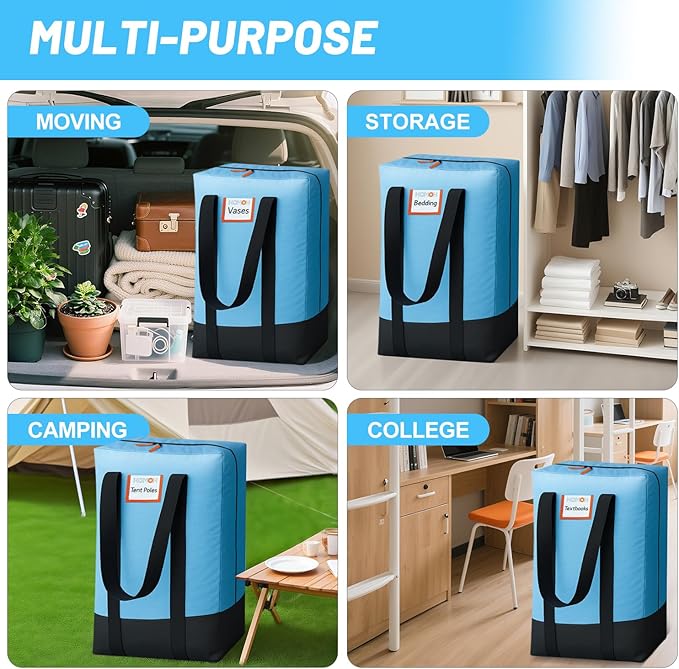 6 Pack Large Moving Bags, Storage Bag with Zipper, Heavy Duty Packing Bags with Internal Compression Straps, Wrap Around Handles, Alternative to Moving Boxes, Blue and Black