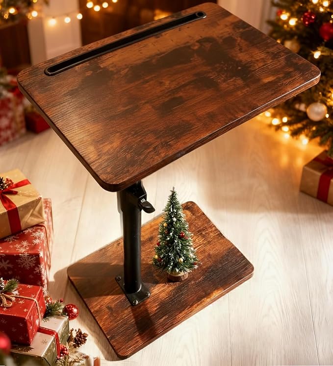 Sofa Armrest Tray Table for Couch - 360° Swivel Height Adjustable End for Small Spaces, Snack Side Table for Bed or Chair with Phone & Tablet Slot (Rustic,Standard)