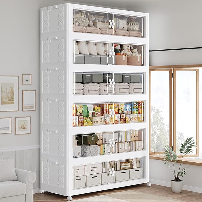 720QT Extra Large Stackable Storage Bins with Lid, 180Gal Collapsible Closet Organizer Box with Wheels, Folding Plastic Storage Cabinet with Doors for Home Kitchen Office Dorm, 6Pack White