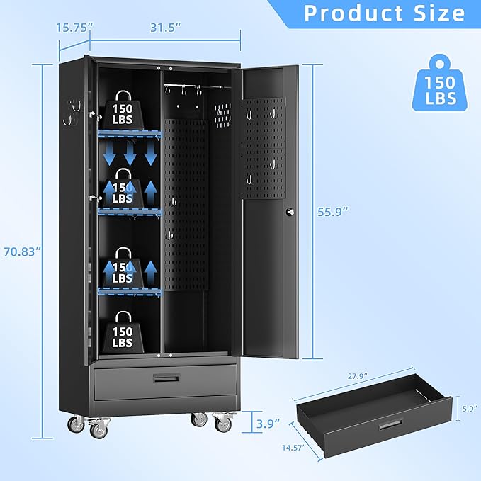SUXXAN Broom Closet with Wheels 71"x 31.5"x15.75", Metal Cleaning Cabinets with Drawer Hooks and Hanging Rods, Lockable Cabinet with Pegboard, Adjustable Shelf,for Garage, Laundry Room