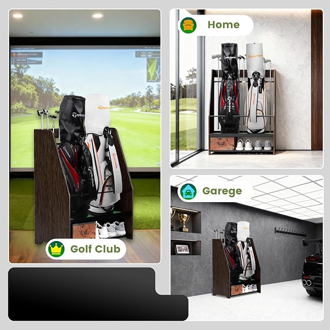 Golf Bag Organizer Rack – Large Wooden Golf Storage for 2 Bags, Clubs & Accessories with Dustproof Drawer, Sports Equipment Rack for Garage, Practice Room, Home or Office (Black)