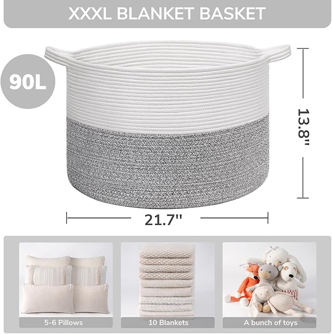 INDRESSME Large Storage Basket, 21.7'' x 13.8'' Cotton Rope Blanket Basket Living Room, Toy Organizers and Storage with Handles for Kids, Laundry Baskets for Clothes, Towel, 90L Grey