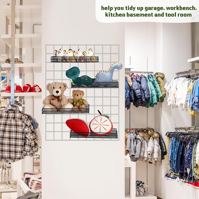 4 Pcs Black Metal Grid Wall Baskets with Hooks Hanging Wire Mesh Basket for Gridwall Wall Mounted Storage Organizer for Home Kitchen Organizing Display