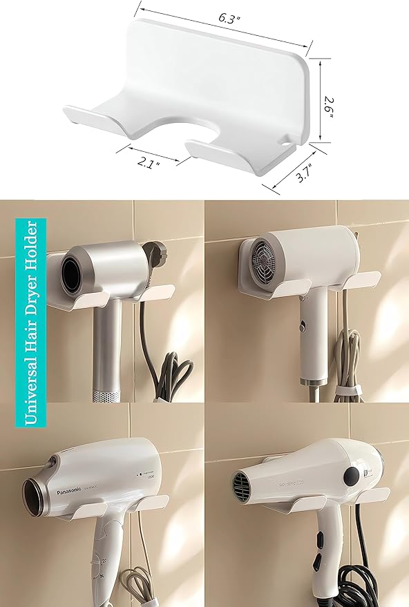 Universal Hair Dryer Holder, Blow Dryer Hanger Wall Mount for Hair Dryer Hook with Plug&Cord Organizer Self Adhesive for Cabinet Bathroom(1 Pack White)