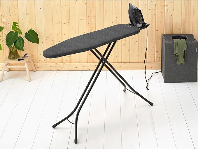 Brabantia Size A Compact Small Ironing Board (43x12 in) 7 Height Options, Adjustable Steam Iron Rest Holder (Denim Black) Non-Slip Feet, Anti-Collapse Child Locks