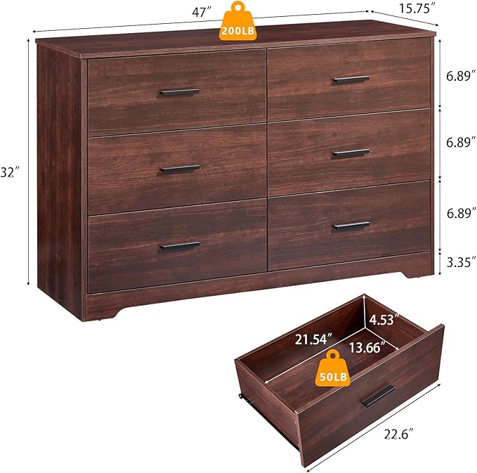 LIDYUK Dresser for Bedroom, Wood Dresser with 6 Drawers, Modern Minimalist Style Dressers & Chests of Drawers, 48 Inches Wide Chest of Drawers for Bedroom, Hallway, Living Room, Dark Cherry