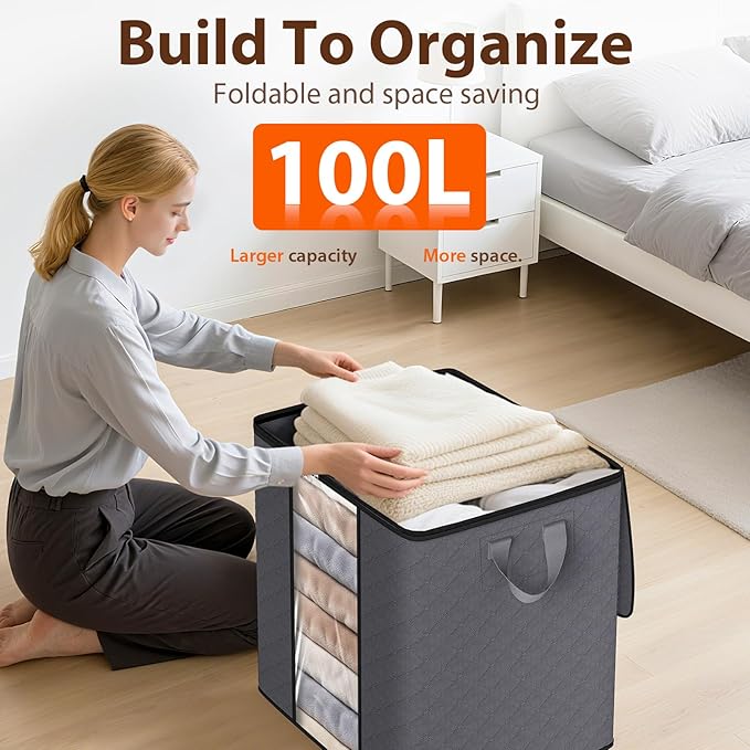 SpaceWhisper 6 Pack 100L Clothes Storage, Foldable Thick Fabric Blanket Storage Bags, Containers for Organizing Bedroom, Closet, Clothing, Comforter,Closet Organization with Handle,Grey
