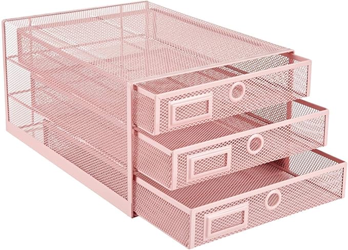 Annova Desk Organizer Wire Mesh 3 Tier Sliding Drawers Paper Sorter/Multifunctional/Premium Solid Construction for Letters, Documents, Mail, Files, Paper, Kids' Art Supplies (Light Pink)