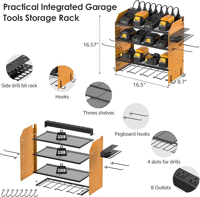 CCCEI Modular Pegboard Rack Power Tool Organizer with Charging Station. 4 Layer Wall Mount Drill Holder, Yellow Tool Battery Charger Organizer. Garage Shop Storage Utility Shelf with 10FT Power Strip