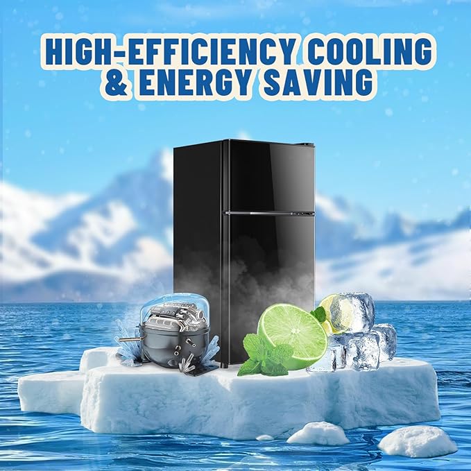Tniy Personal Capacity Black Refrigerator with Freezer Double Door Mini Fridge Small Apartment Refrigerator with 7 Adjustable Temp Control