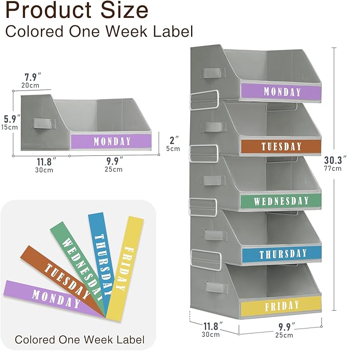 Closet Organizers and Storage - 5 Tier Shelf Organizer with Weekly Labels, Stackable Storage Bins with Metal Frame, Foldable Cube Bins, Home Baskets for Kids and Adults, Grey