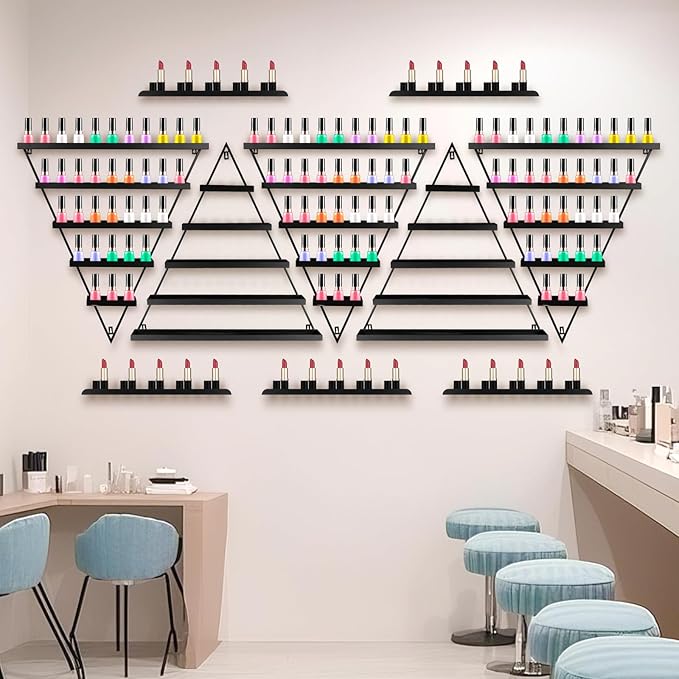 10PCS Nail Polish Rack Wall Mounted Shelf, 5 Tiers Black Triangular Display Rack, Cosmetic Display Cases, Lipstick Perfume Wall Shelf Essential Oil Organizer for Home Spa Nail Salon Shop (Black)