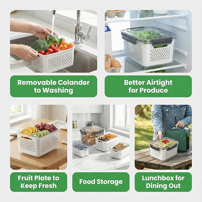 5 PCS Fruit Storage Containers for Fridge, Leakproof Produce Containers for Fridge with Removable Colander, All-In-One Fruit Containers Stainers Berry, Fruits, Vegetables, Salad Keeper Local Stock