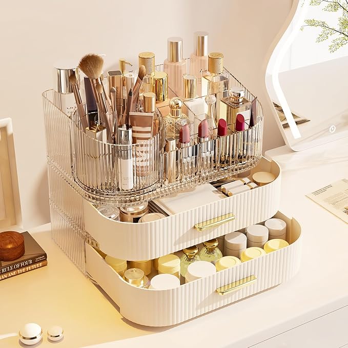 Makeup Organizer with Stackable Drawer, 360 Rotating Makeup Brush Holder, 11-inch Wide Large Cosmetic Display Case, Skincare Organizers and Storage for Vanity, Bathroom Countertop (1 Tray + 2 Drawer)