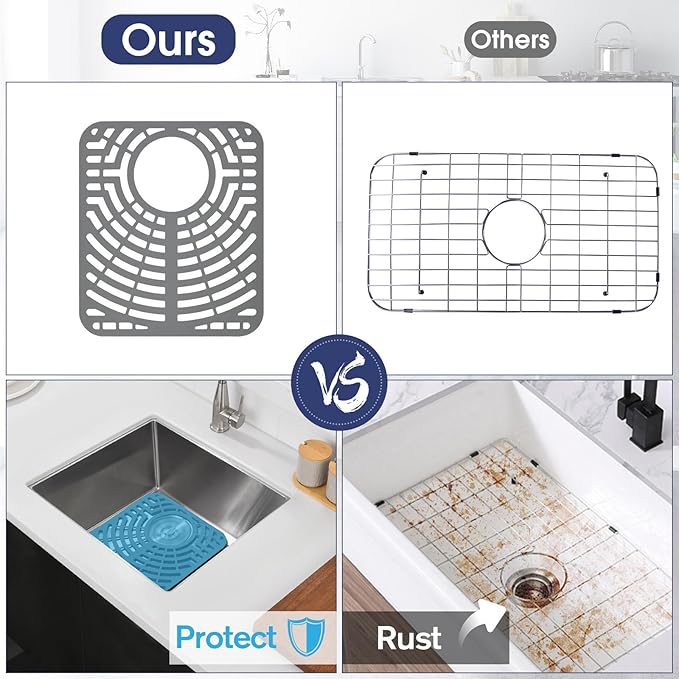 2PCS Silicone Sink Protector 12"x14" Rear Drain Hole, Heat Resistant Non-slip Dishwasher Suitable, Sink Mat for Bottom of Farmhouse Kitchen Stainless Steel Sinks(Grey)