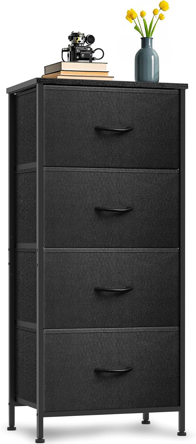 4 Fabric Drawer Dresser for Bedroom, Chest of Drawers with Waterproof Wood Top Tall Dresser for Hallway, Living Room, Kid Room (Charcoal Black)