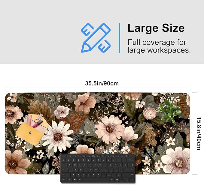 Vintage Beige Floral Mouse Pad – Large Extended Desk Mat 35.43 x 15.75 in – Neutral Retro Botanical Design, Non-Slip Rubber Base, Waterproof Surface, Oversized Keyboard & Mouse Pad for Office or Home