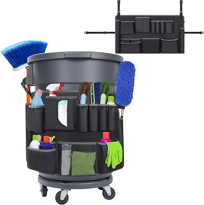Trash Can Caddy Bags Fit 32-55 Gallon Garbage Bins, Garbage Bin Caddy Bag Organizer with Multi-Pockets, Organizer For Cleaning, Maid, & Janitorial Duty, Cleaning Caddy Bag Only