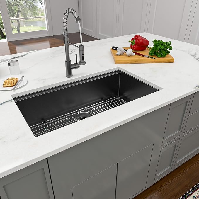 Lordear Matte Black Kitchen Sink 33 Undermount Kitchen Sink 33X19 Inch Ledge Workstation16 Gauge Stainless Steel Single Bowl Under Counter, Darker Than Gunmetal Black