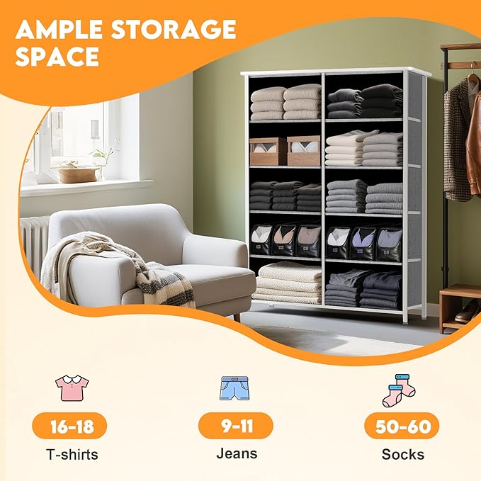 Curved Profile Dresser for Bedroom, Chest of Drawers, 10 Storage Drawers Organizer Unit, Brown Dresser with Fabric Bins for Closet, Living Room, Kid Room (White)