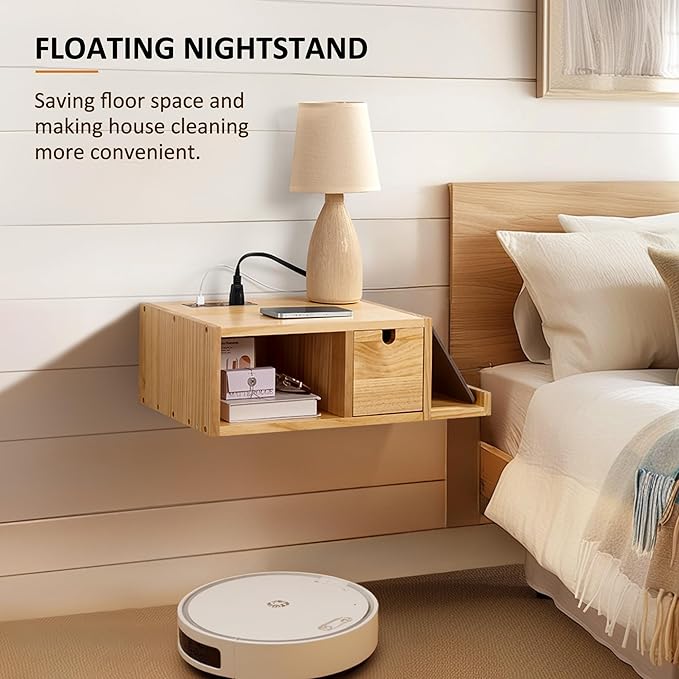 Afuly Floating Nightstand with Charging Station, Wall Mount Night Stand with Drawer Hanging Bedside Table End Table, Solid Wood Modern Side Table Shelf for Bedroom Natural Wooden Decor