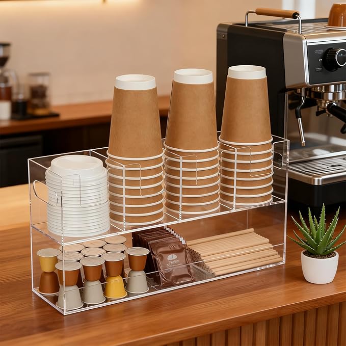 MYITYARD Coffee Cup Holder for Countertop, 2-Tier Clear Acrylic Cup Dispenser, Coffee Bar Accessories Organizer, Paper Cup and Lid Holder with Straw Organizer for Office, Home (5 Compartment)