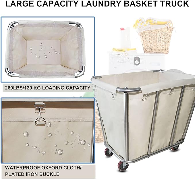10 Bushel Laundry Cart with Wheels,Heavy Duty Industrial Rolling Commercial Home Beige Large Rolling Storage Laundry Basket, Stainless Steel Laundry Hamper Service Cart,260LBS Load