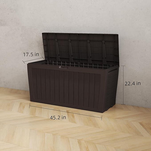 120 Gallon Resin Deck Box，Outdoor Storage Box, Waterproof Lockable Large Storage Bench for Patio Furniture, Pool Accessories & Garden Tools, Brown